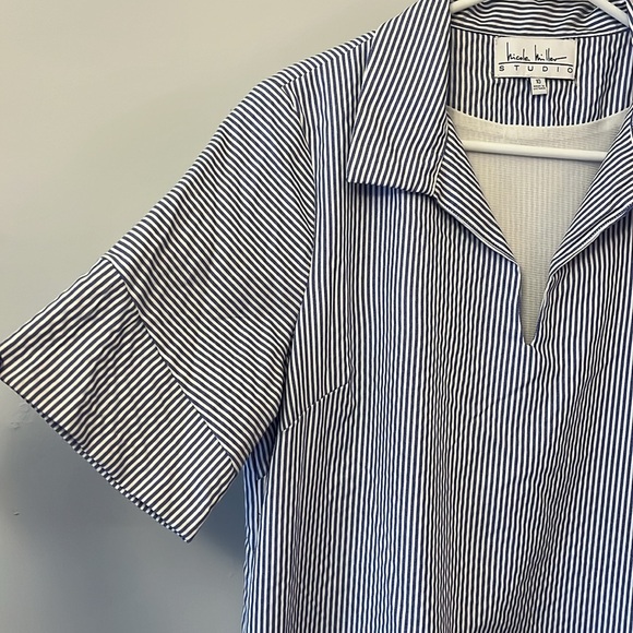 Nicole Miller Studio Blue White Striped Shirt Dress Embroidered Monkeys Size 10 - Picture 3 of 13